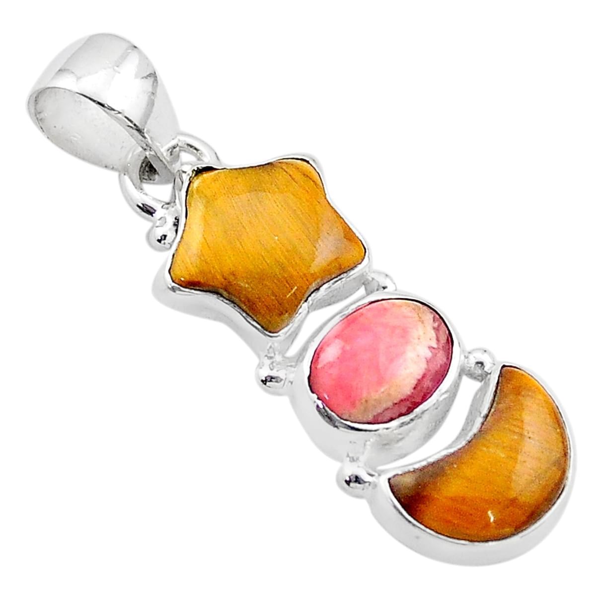 Pendentif étoile lune en oeil de tigre marron, rhodochrosite et argent 2,5cm gxi308