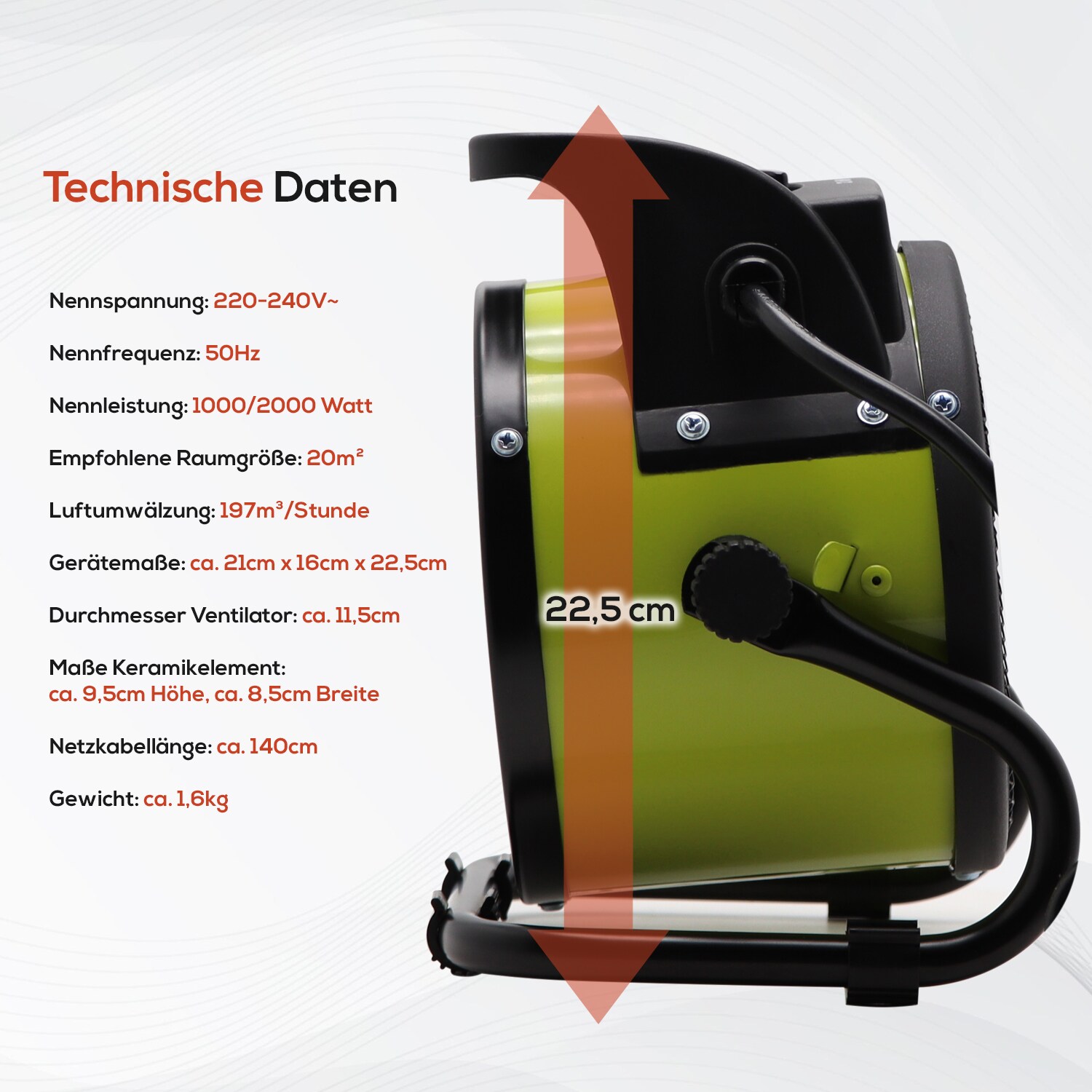 TroniTechnik® KH-502 Keramikheizer Heizlüfter Heizung 2.000 Watt, Tragegriff, PTC Keramik, stufenlose Thermosteuerung