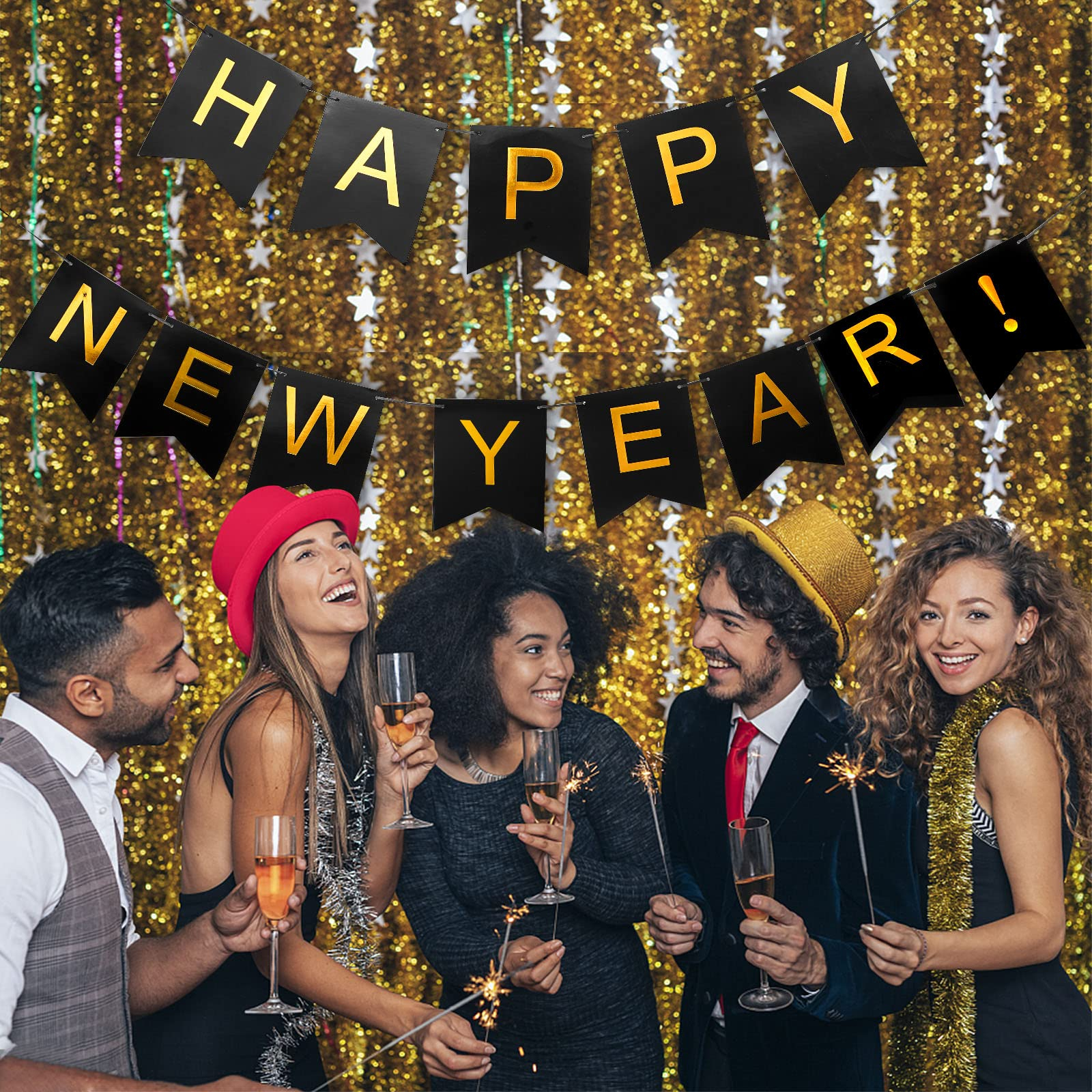 (5m) Happy New Year Girlande Silvester Party Deko Accessoire Banner - Schwarz / Gold