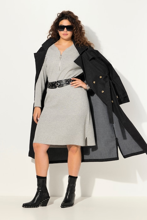 Rippjersey-Midikleid, Zipper, A-Linie, V-Ausschnitt, Langarm