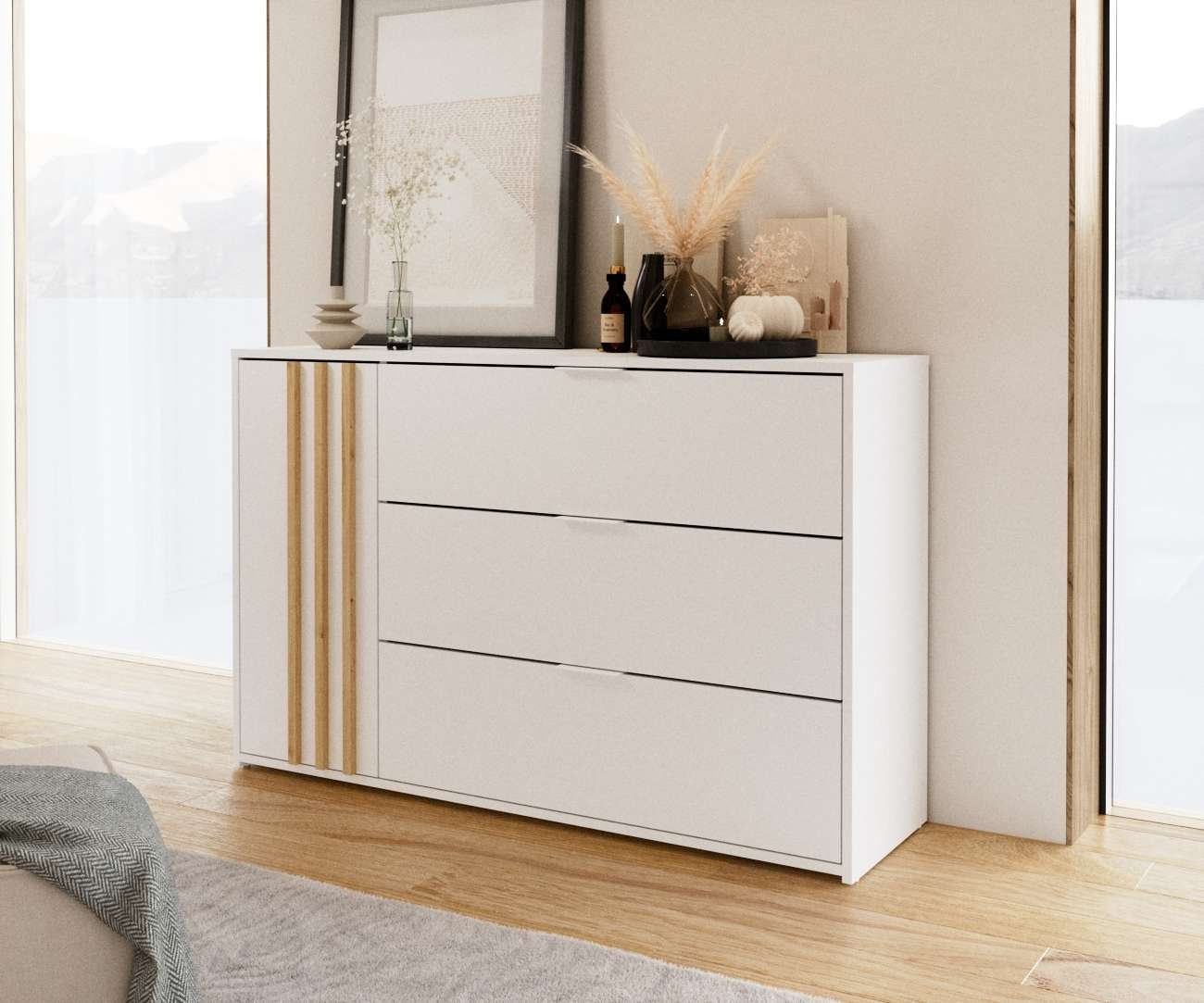 Home affaire Kommode »Kommode Calera mit Drehtür, 3 Schubladen und MDF-Lamellen« Kommode B/H/T 125/79,8/35 cm