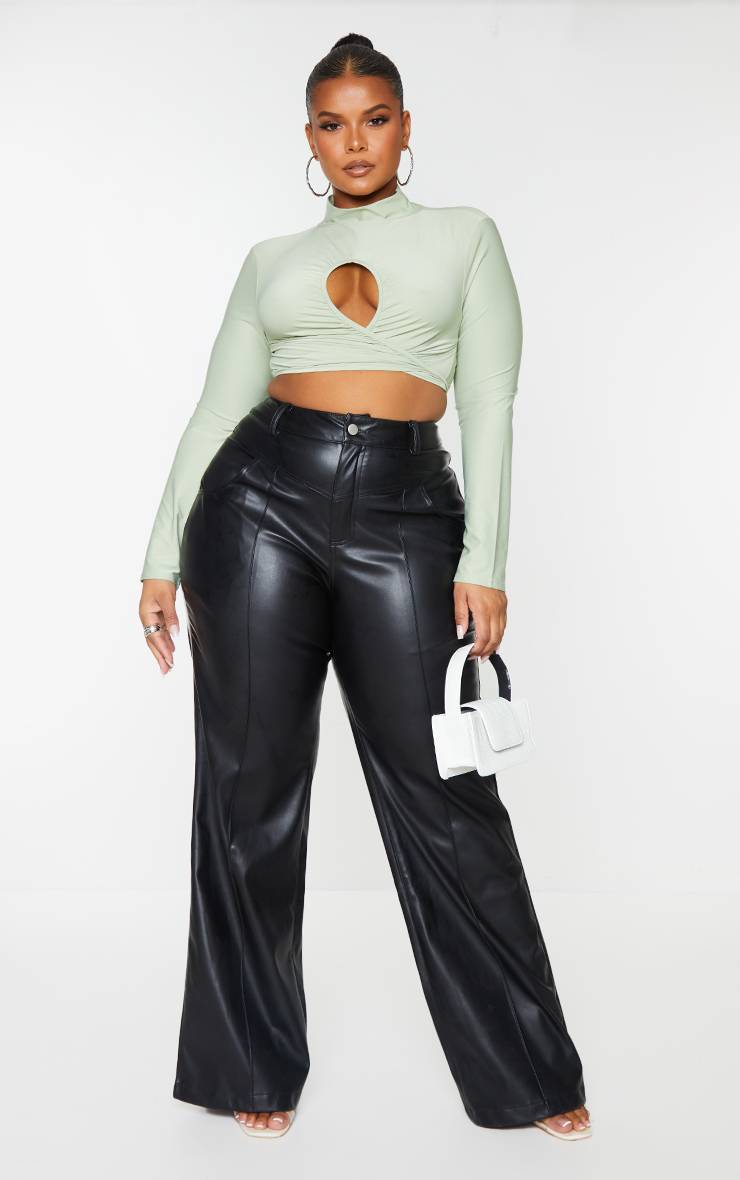 Noir Pantalon Large Grande Taille En Synthétiquecuir Avec Détail De Couture