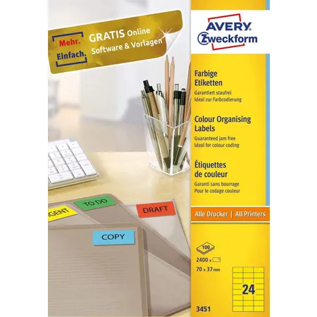 Avery Zweckform 3451 Farbige Etiketten,A4 70 x 37 mm, 100 Bogen/2.400 Etiketten, gelb