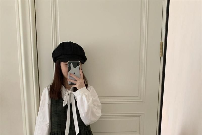 Secolo - Blouse met lange mouwen en strik / Geruite midi-jurk met V-hals en A-lijn