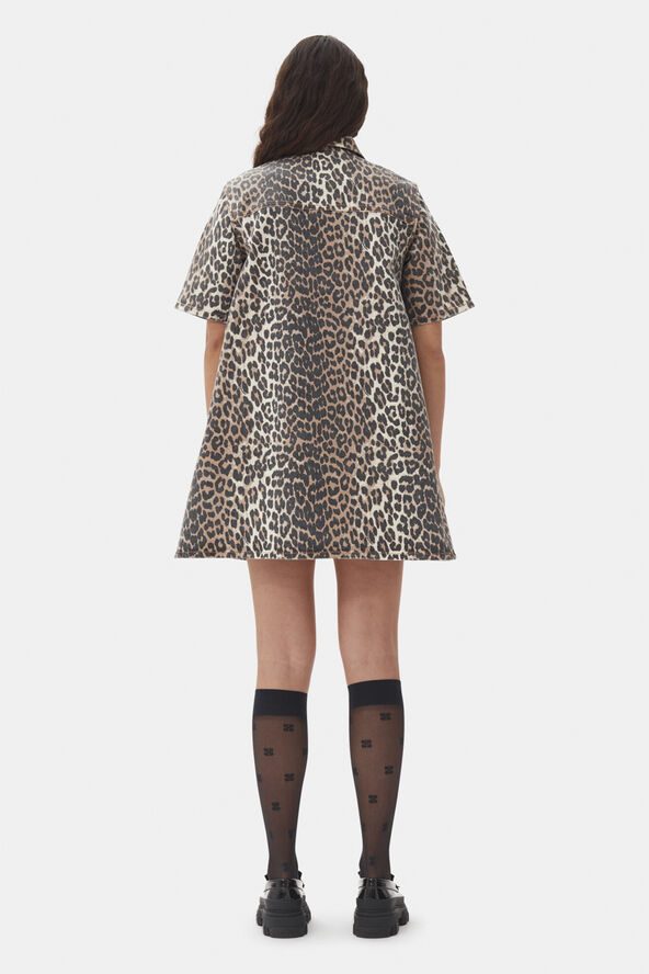 Ganni Print Denim Mini Dress Leopard