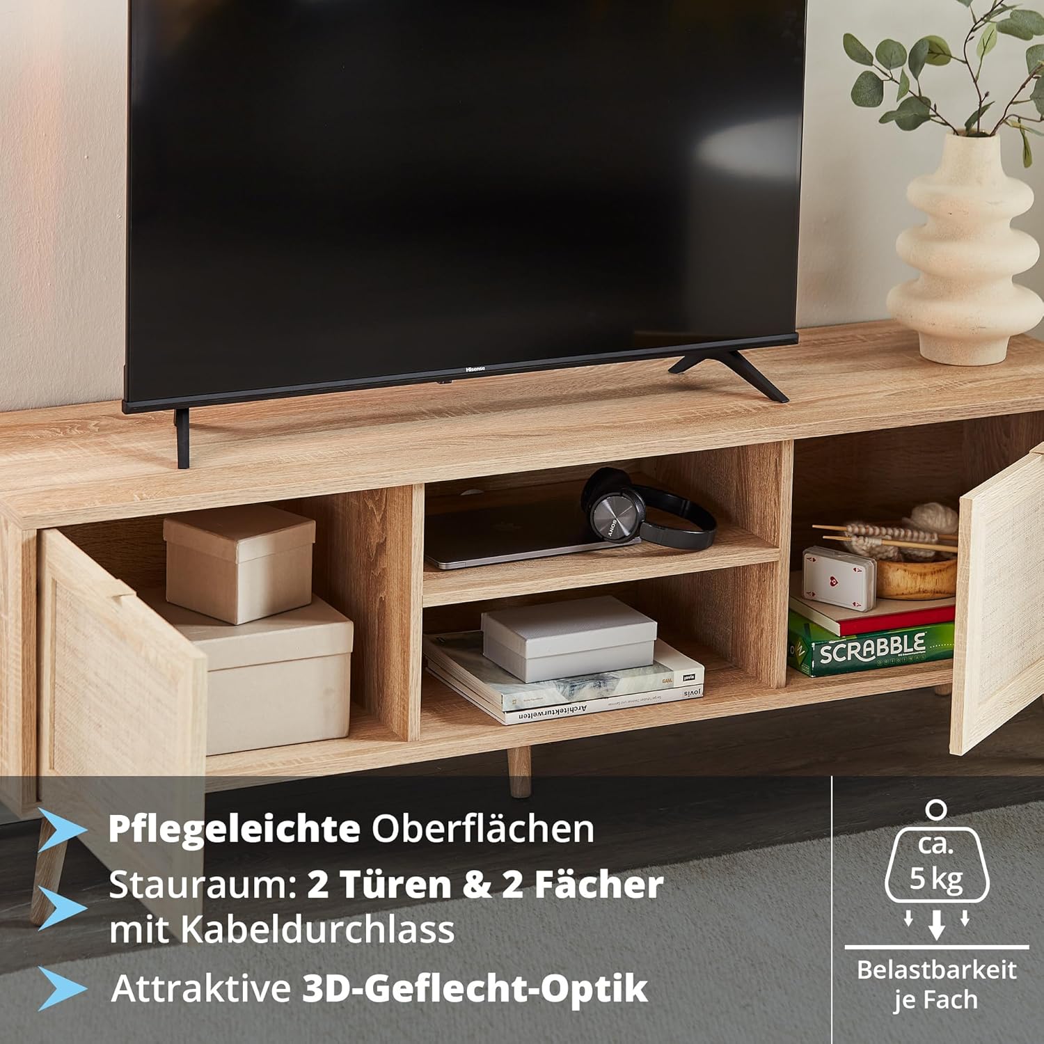 KHG TV-Lowboard hell-braun mit 2 Türen und 2 offenen Fächern modern Eiche-Optik, TV-Bank aus Holzwerkstoff Rattan-Optik, Gestell aus Massivholz - 150 x 52 x 40 cm (B/H/T)