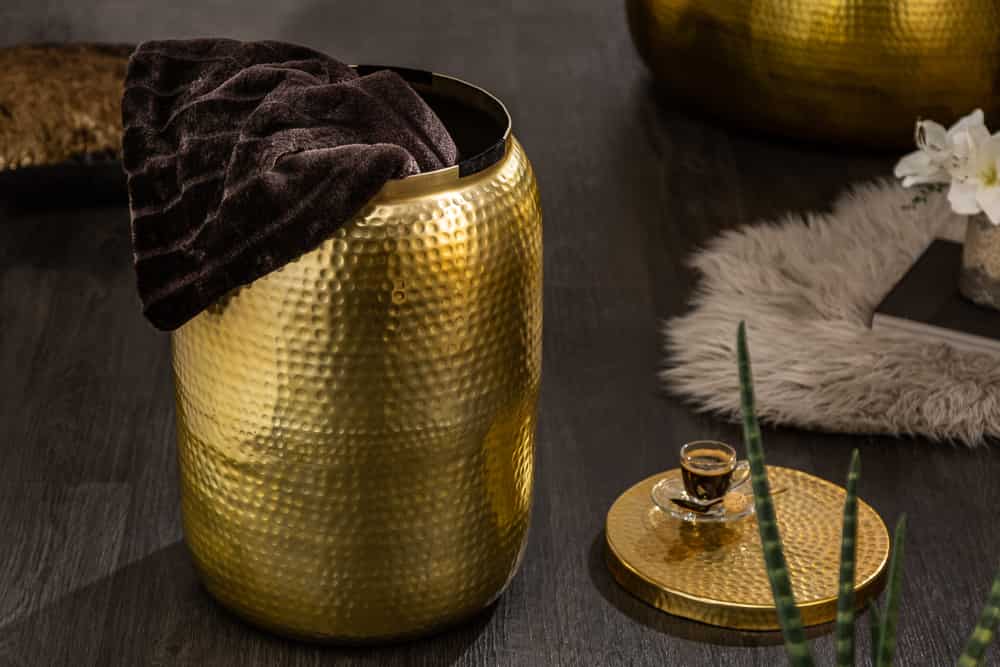 Handgefertigter Beistelltisch ORIENT STORAGE 50cm gold Hammerschlag Design mit Stauraum rund