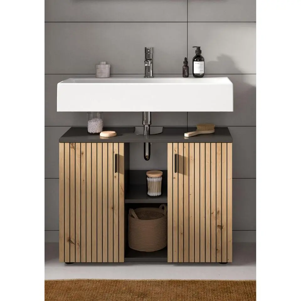 Hioshop Mone wastafel 2 deuren- 2 planken eiken decor- donkergrijs
