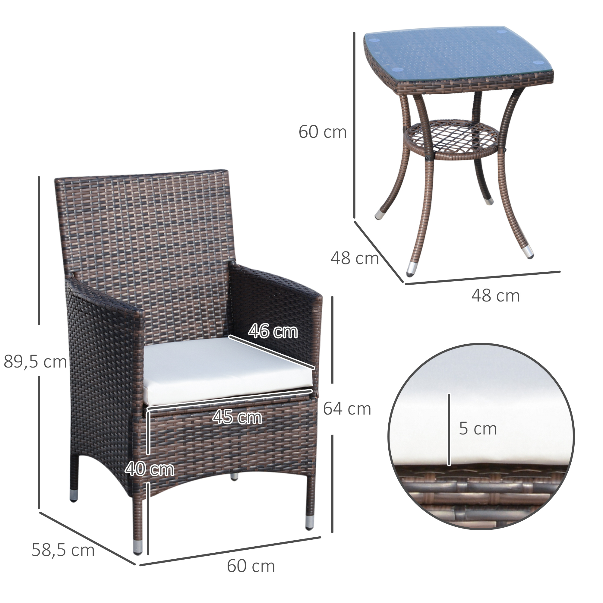 Conjunto de Móveis de Jardim Outsunny, em Rattan, Inclui 1 Mesa e 2 Poltronas com Almofadas, Estrutura Metálica para Terraço e Varanda, Marrom