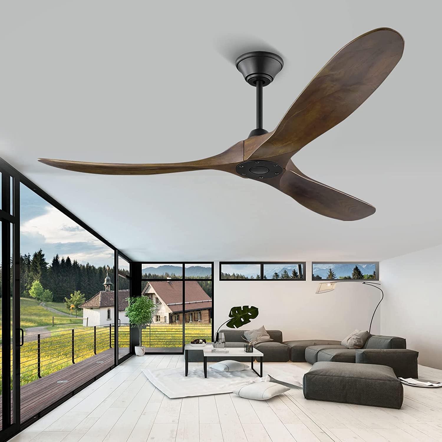 132 cm Deckenventilator mit Fernbedienung, 3-Blatt-Deckenventilator für den Außenbereich mit Holzpropeller ohne Licht für Terrassen, Gleichstrommotor, 1-8-Stunden-Timing, Schwarz + Walnuss