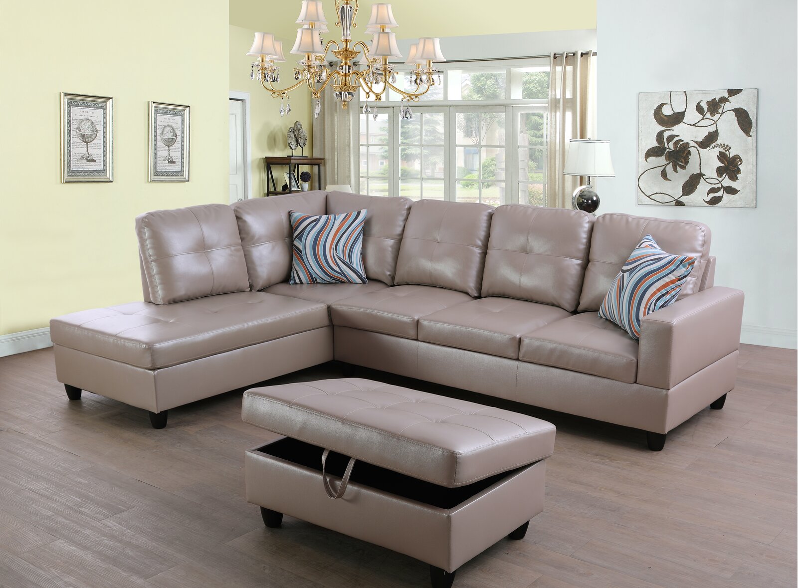 Wilhelmine 103.5&prime;&prime; Wide Faux Leather Sofa & Chaise With Ottoman