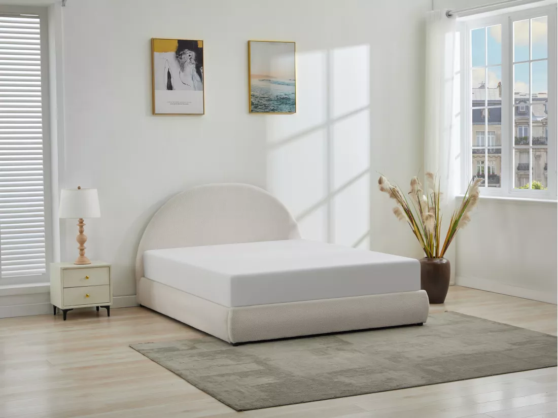 Lit coffre 140 x 190 cm - Tissu bouclette - Crème - LIRIMO