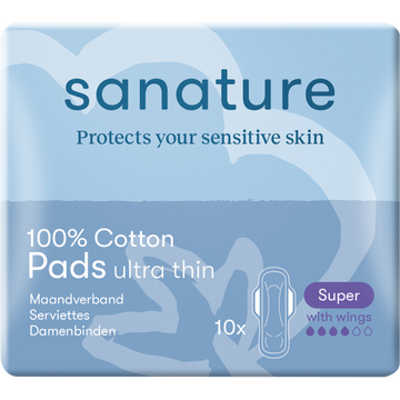 Sanature 100% Katoenen Maandverband Ultra Super met vleugels 10 stuks