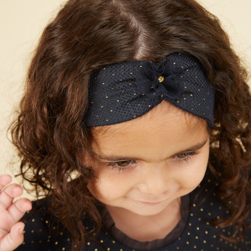 Ensemble robe de fête en jacquard + bandeau pour bébé fille - Bleu marine