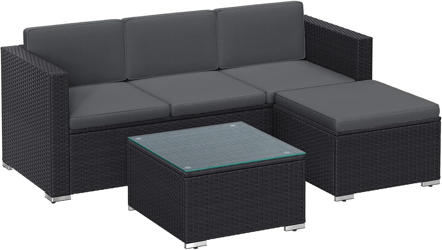 SONGMICS Gartenmöbel-Set, Balkonmöbel aus PE-Polyrattan, Terrassenmöbel, Ecksofa, Outdoor, handgeflochtenes Rattan, Lounge-Set, mit Kissen und Glastisch, schwarz-grau GGF005B04
