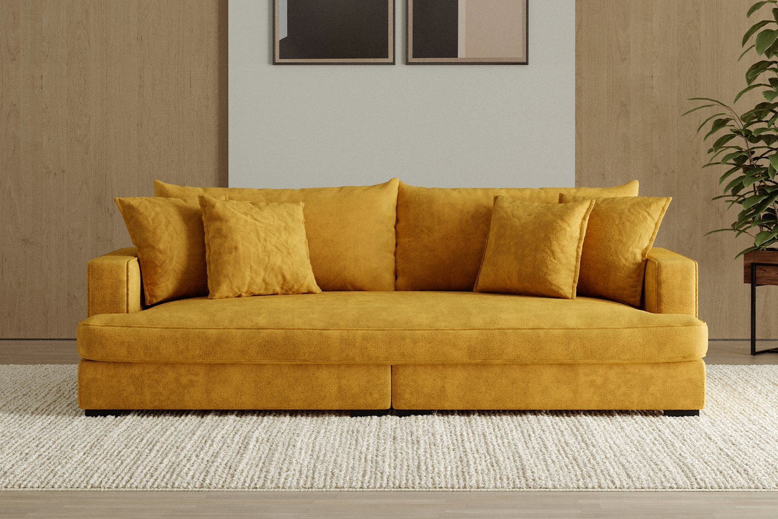Rossi Lux 3-seter sofa (1 setepute) Tekstil Genesis 10 Golden Yellow, arm A med sorte ben. Lux Komfort.