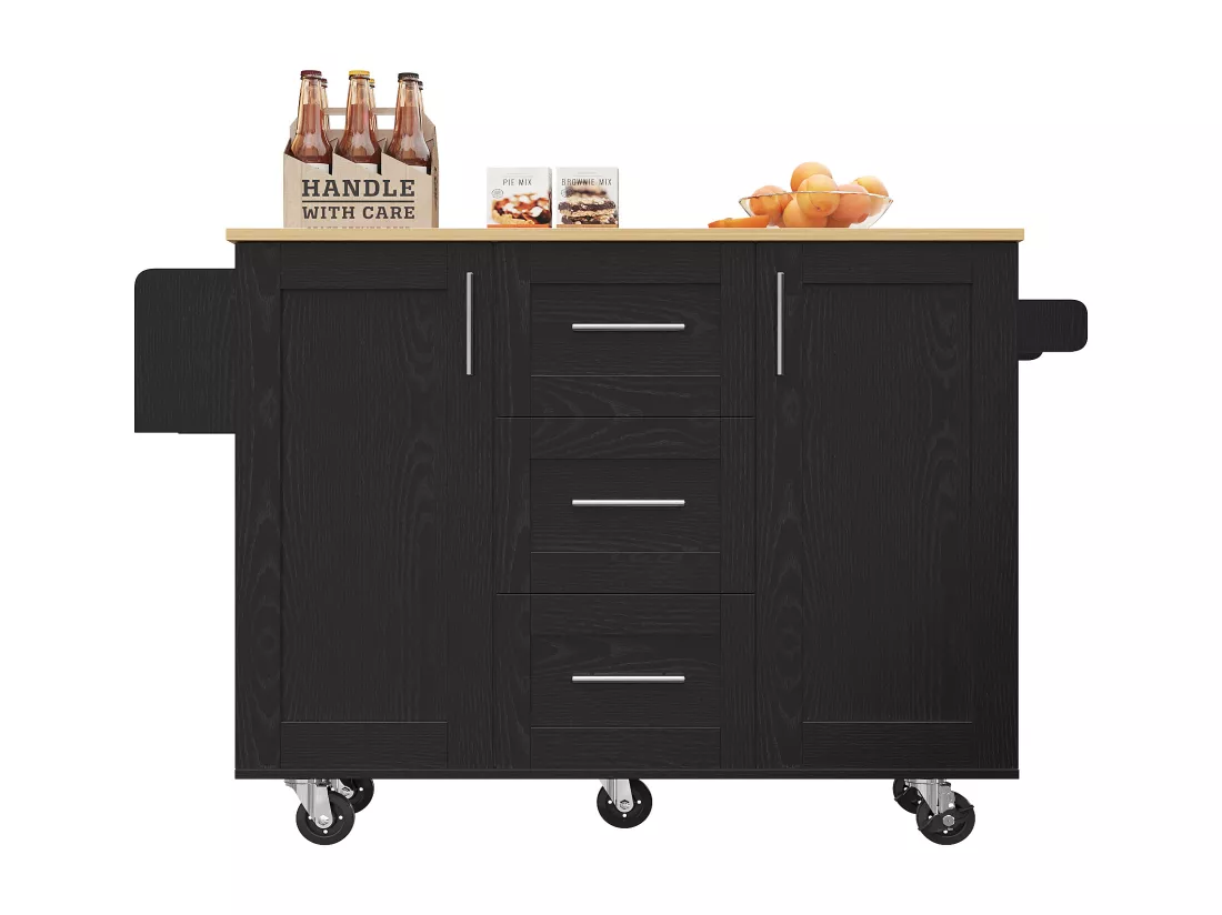 Ilot central de cuisine - chariot à roulette avec plateau extensible - 3 tiroirs et 2 portes - Noir