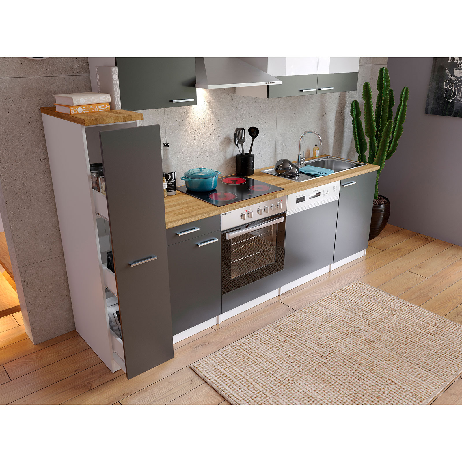 RESPEKTA Küchenblock - grau - mit E-Geräten - 250 cm