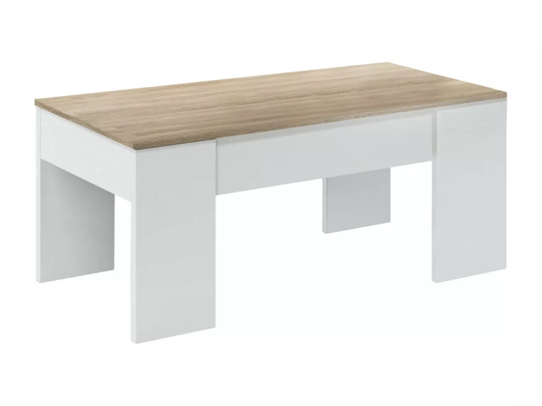 Table basse Dleal, Table basse avec plateau élévateur, Table basse de salon, 100x50h45/56 cm, Blanc et Chêne