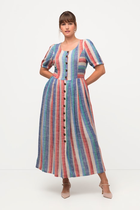 Midikleid, Leinenmix, Taschen, Rundhals, Puff-Halbarm