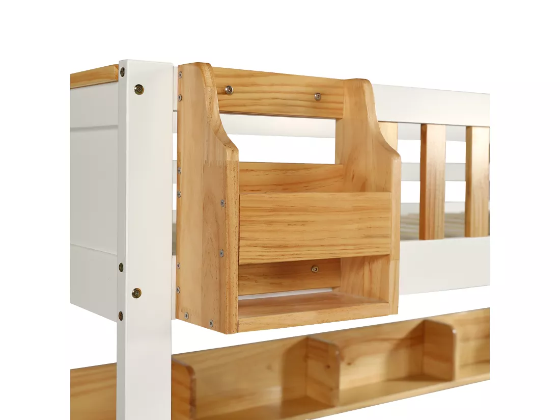 Lit superposé avec escalier de rangement - 90x200cm - 4 casiers dans l'escalier et 2 tiroirs sous le lit - avec sommier à lattes - Blanc