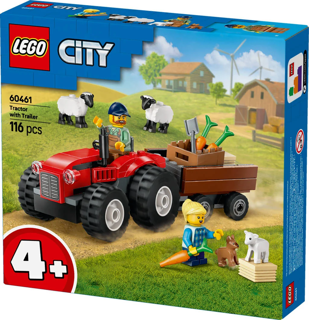 Rode tractor met aanhanger en schapen 60461