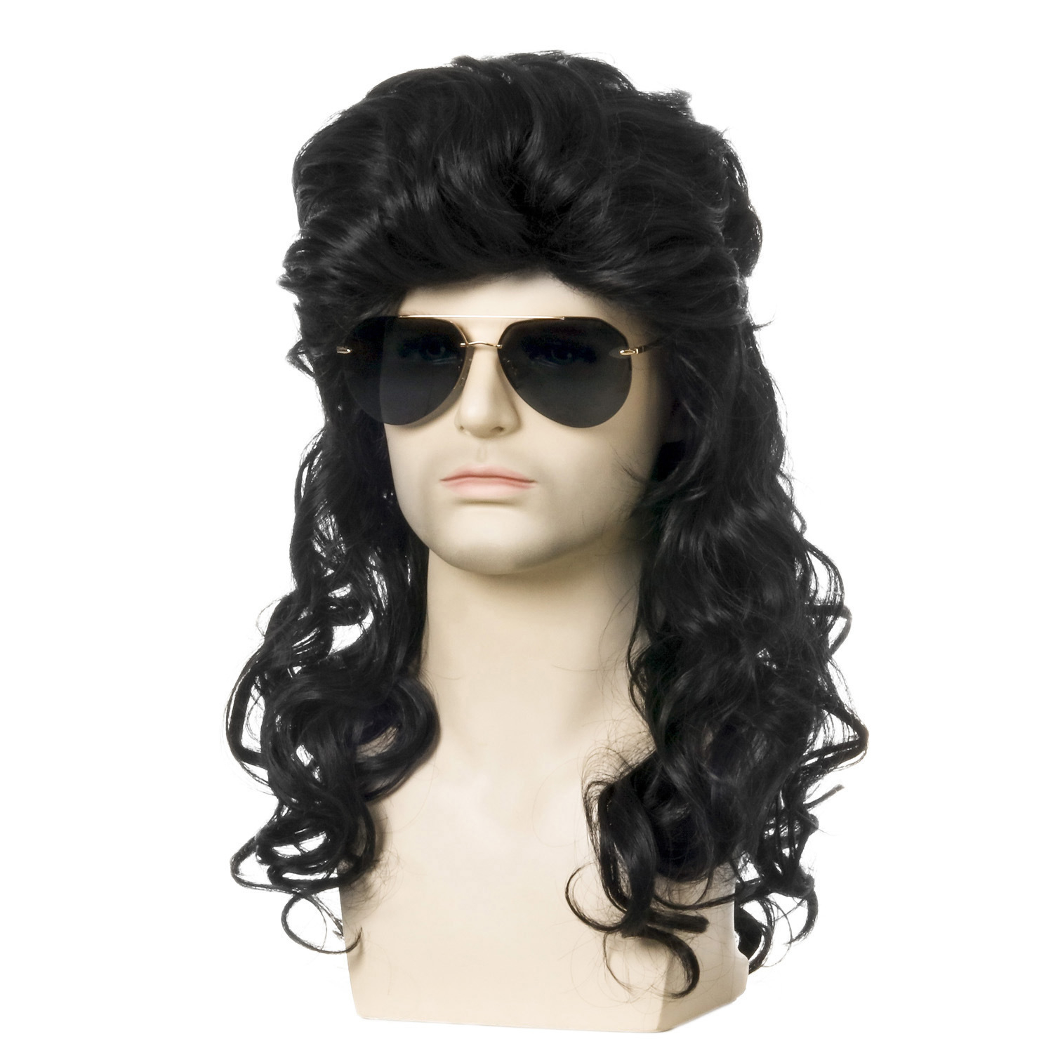 (60cm) Vokuhila Perücke mit Locken Pop Rock Fasnacht Kostüm Zubehör Motto Party / Halloween Accessoire - Schwarz