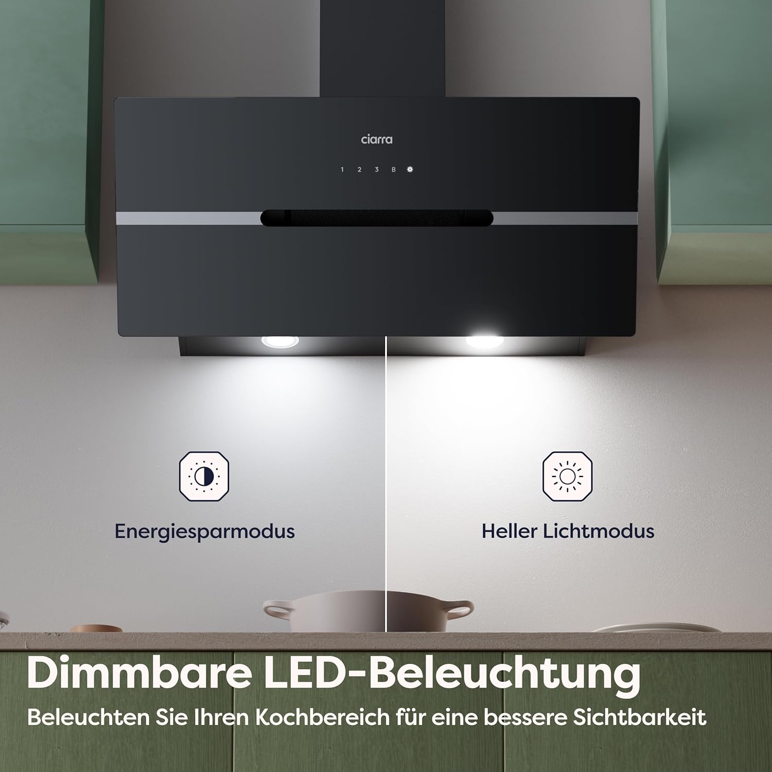 CIARRA CBCB9736F A+++ Dunstabzugshaube 90 cm Umluft Kopffreie Schräghaube 650m³/h automatisch Glasplatte Wi-Fi App Touch-Bedienung Booster Abluft mit CBCF003 Aktivkohlefilter 4 Stufen Schwarz