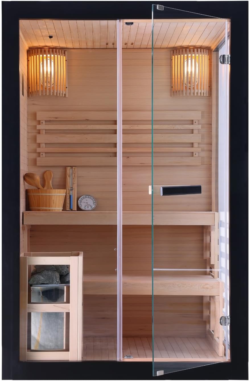 SANOTECHNIK Infrarotkabine PANORAMA BLACK – Infrarotsauna 2 Personen 130×120×200cm, Harvia 3,5kW Ofen, LED-Farblicht, ESG-Glas – Art.Nr.: J61130