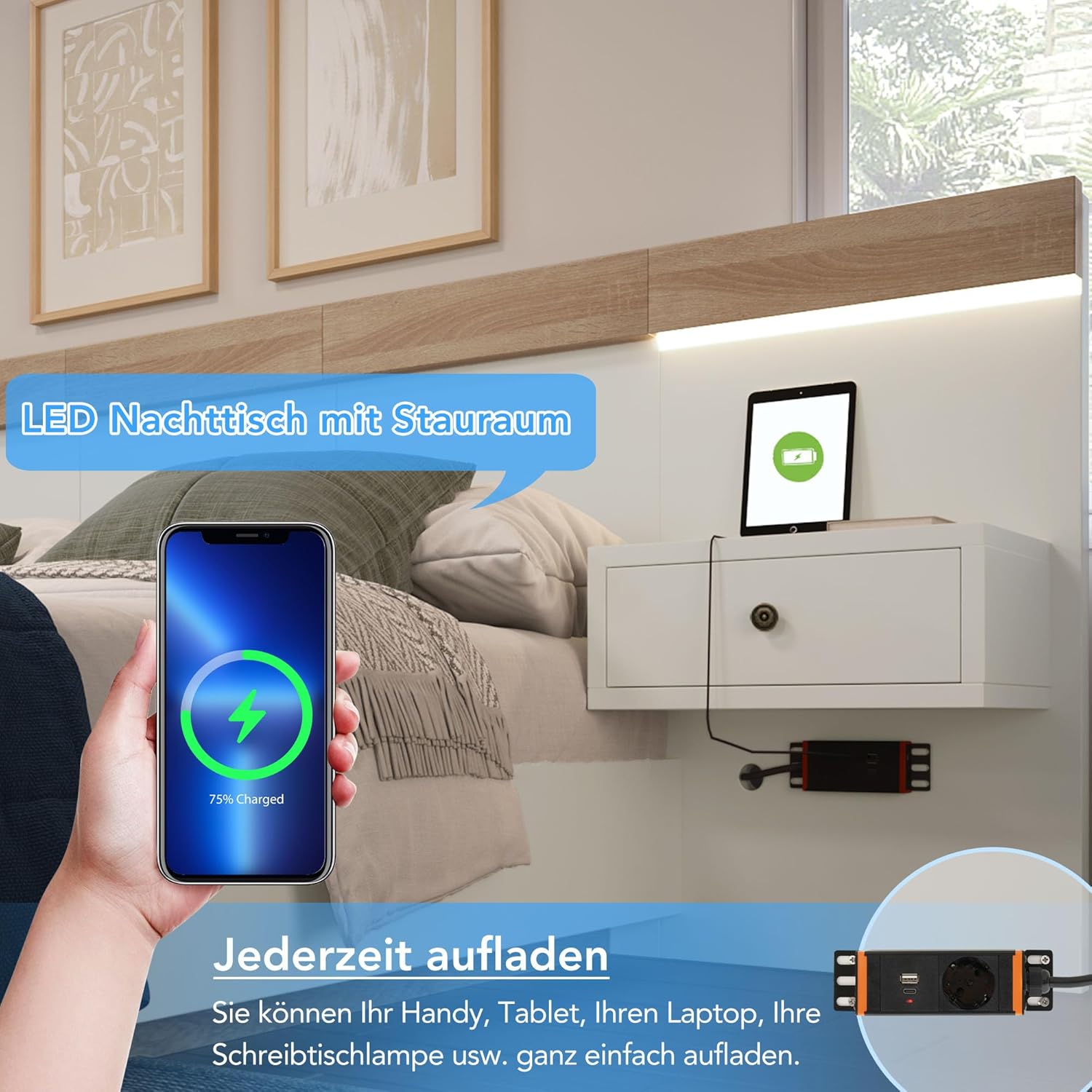 Doppelbett 180x200 cm, integriertes Kopfteil mit 2 LED Nachtkommoden und USB Ladefunktion, Holzbett Bettanlage mit Lattenrost, Funktionsbetten Rückenlehne Bettgestell, Ohne Matratze, Weiß+Eiche SF6772142