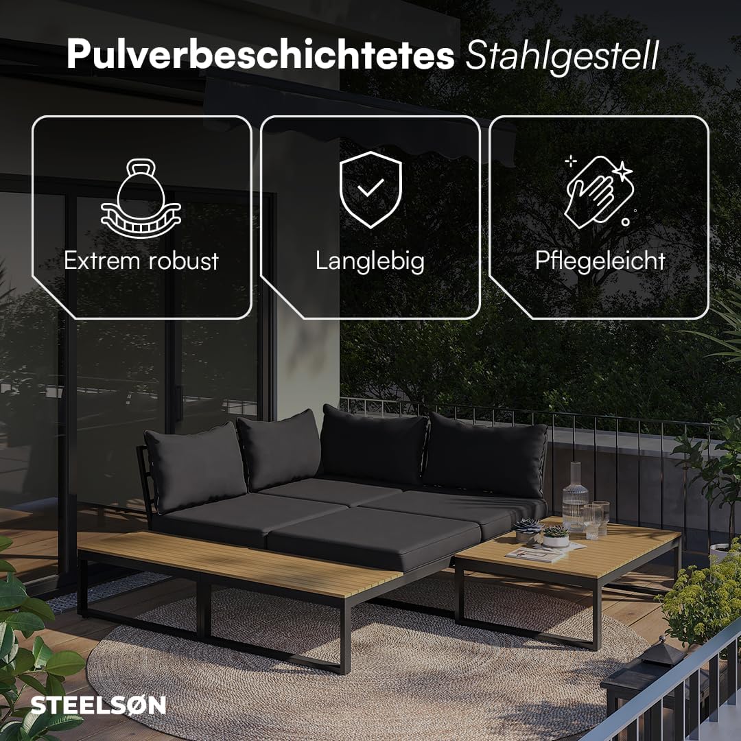 STEELSØN Zandra Gartenlounge Outdoor – modulares Gartenmöbel Set mit Ecksofa & Tisch wetterfest – Balkonmöbel aus Akazien Holz & Stahl mit Kissen in schwarz – Loungemöbel für Garten/Terasse/Balkon