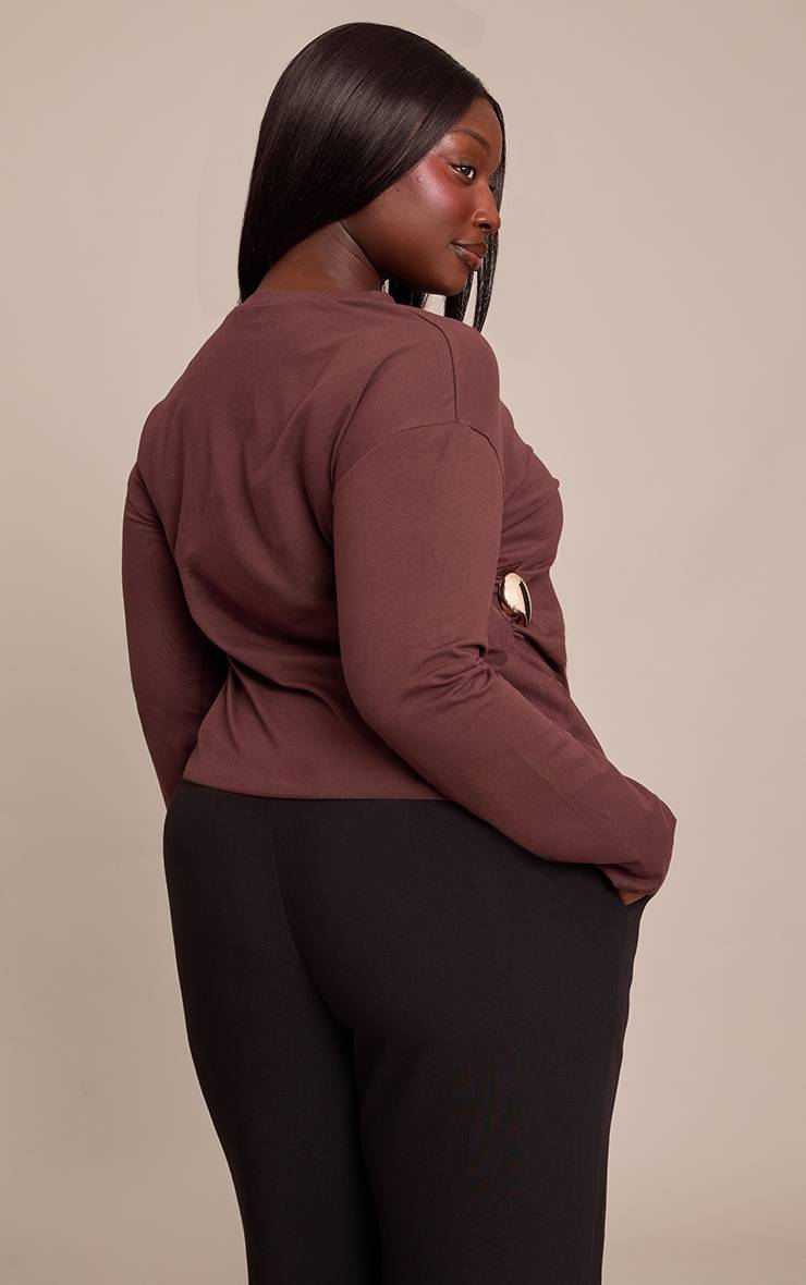 Chocolat T-shirt Grande Taille En Coton À Manches Longues Avec Détail De Bande Latérale
