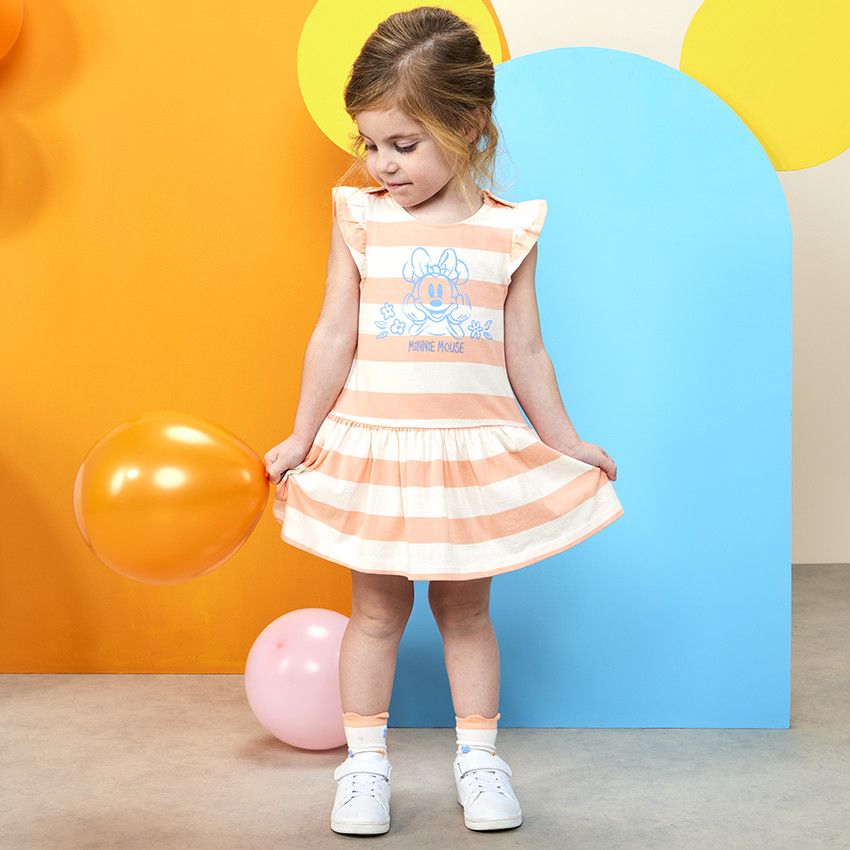 Robe manches courtes rayée print Minnie Disney pour bébé fille - Ecru
