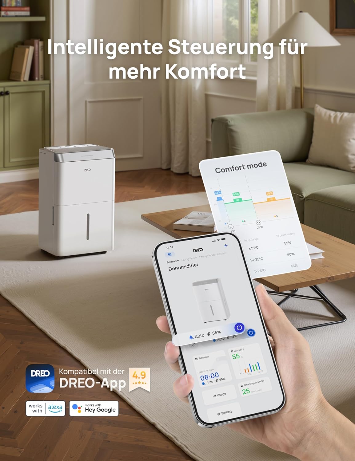 DREO Luftentfeuchter elektrisch, App & WLAN, 16L/24h, Raumentfeuchter leise 35dB, 30m², Entfeuchter energiesparend, 3 Modi, 3,4L Tank, Wäschetrockner & 24h Timer, für Schlafzimmer & Bad & Keller
