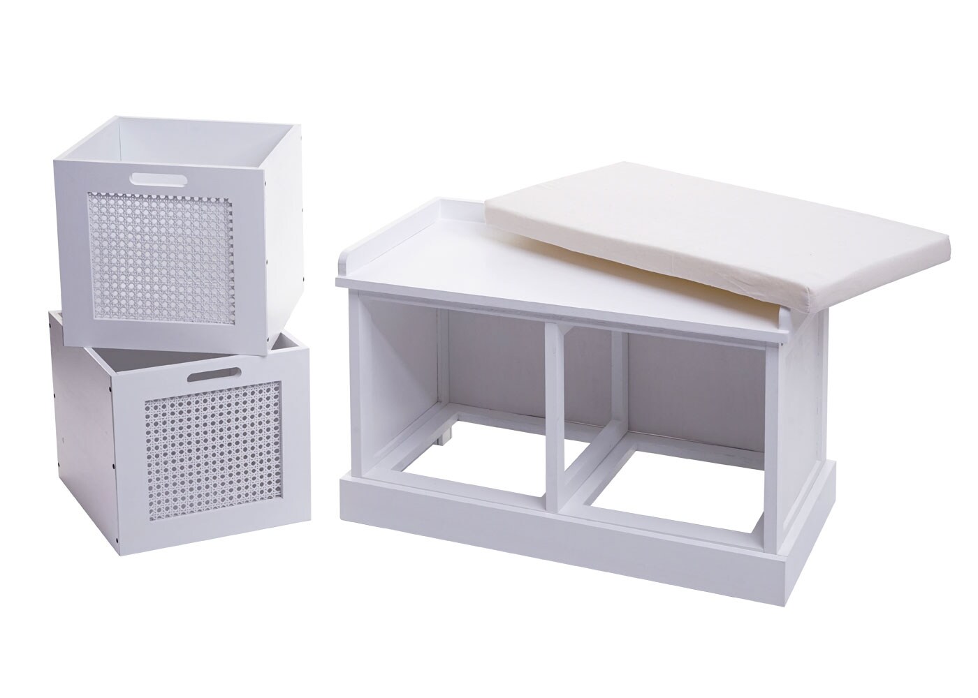 Sitzbank MCW-J49, Polsterbank Garderobenbank, Kissen Aufbewahrungsboxen Staufach 47x75x40cm ~ weiß, Polster creme-