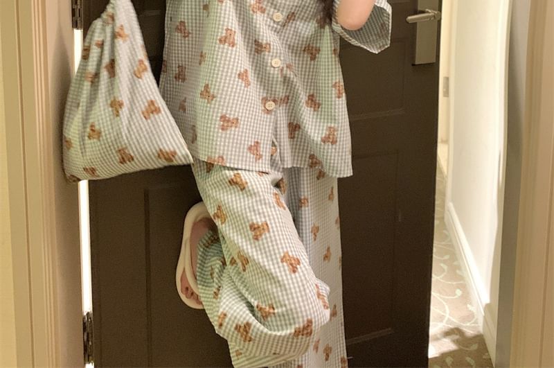 Sadelle - Pyjamatop met 3/4-mouwen, kraag en berenprint, knoopsluiting, broek, trekkoordtas en set