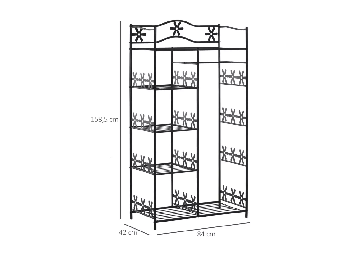 Armoire penderie multi-rangement - 5 étagères - dim. 84L x 42l x 158,5H cm - métal noir motif fleurs 2 rideaux blanc
