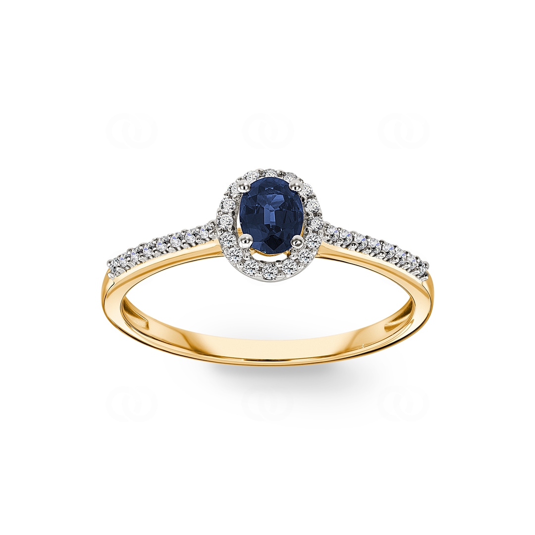 Damenring 750/18 K Gelbgold mit Saphir oval und Diamanten 0.12 ct H/si