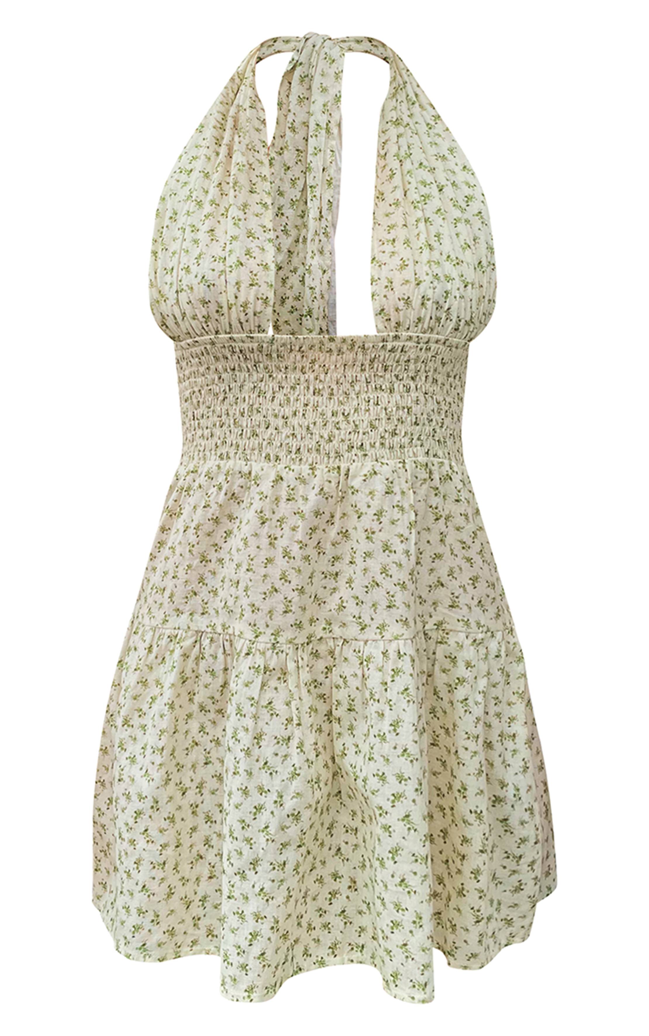 Vert Sauge Robe Courte À Dos Nu Avec Encolure Américaine Croisée Et Fronces À Motif Fleuri Ditsy