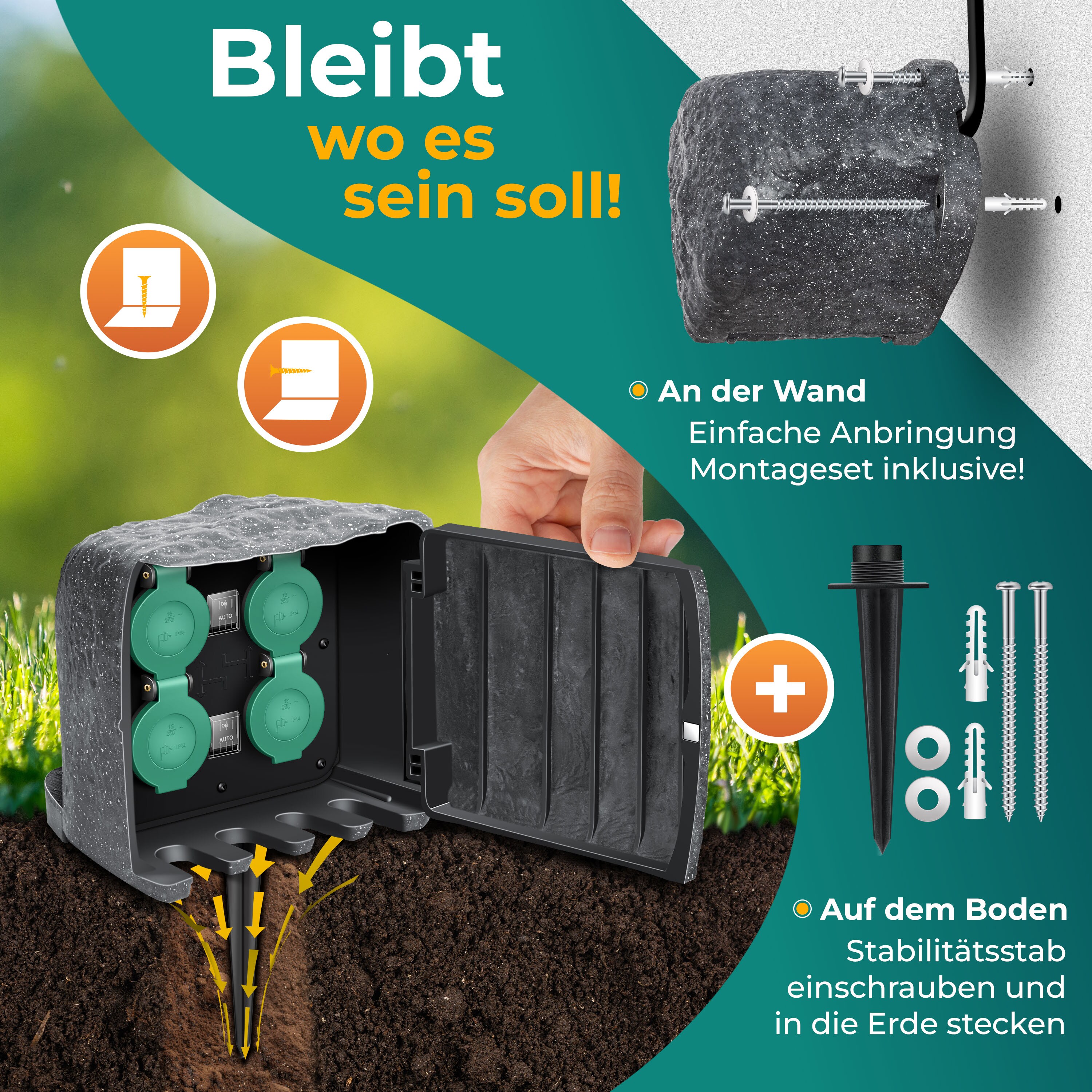 KESSER® Gartensteckdose Steinoptik mit 4 Steckplätzen Inkl.Erdspieß, Mehrfachsteckdosen aussen mit 3m Verlängerungskabel Außensteckdose IP44 Wasserdicht Steinsteckdose mit ON/Auto Dämmerungssensor