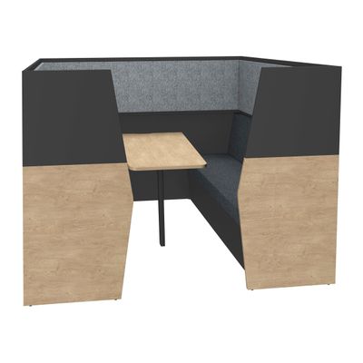 Box acoustique IN'TEAM - L210 x H 150 x P170 cm - 6 places avec table - structure chêne clair et carbone - panneaux gris chiné