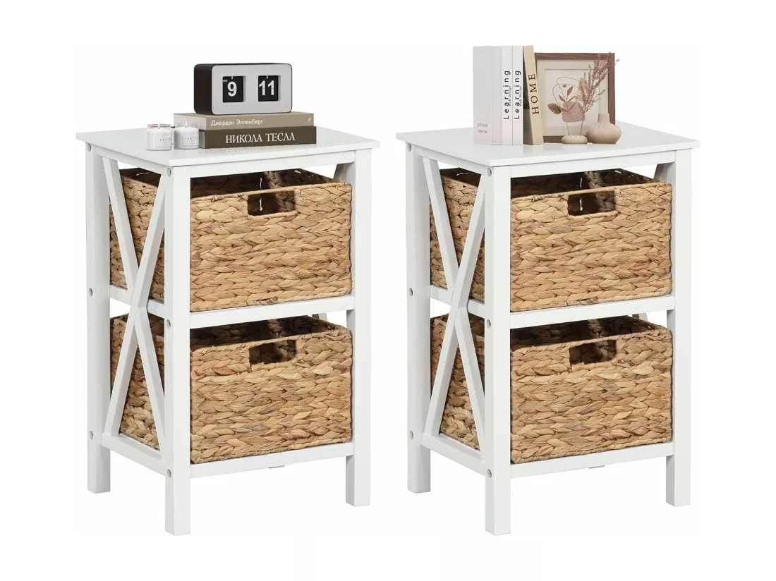 Table de Chevet 3 Niveaux （Lot de 2）, Table de Nuit avec 2 Paniers en Herbe Marine, Design X, Table d'Appoint avec Pieds en Bois d'Acacia pour Chambre, Salon, 36 x 30 x 57 cm