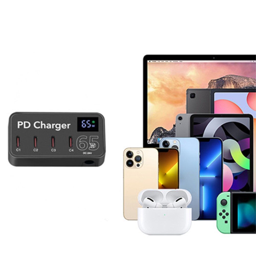 (65W) 4x USB C Ladegerät Universal Ladestation mit LCD Anzeige Power Delivery Quick Charge 3.0 - Schwarz