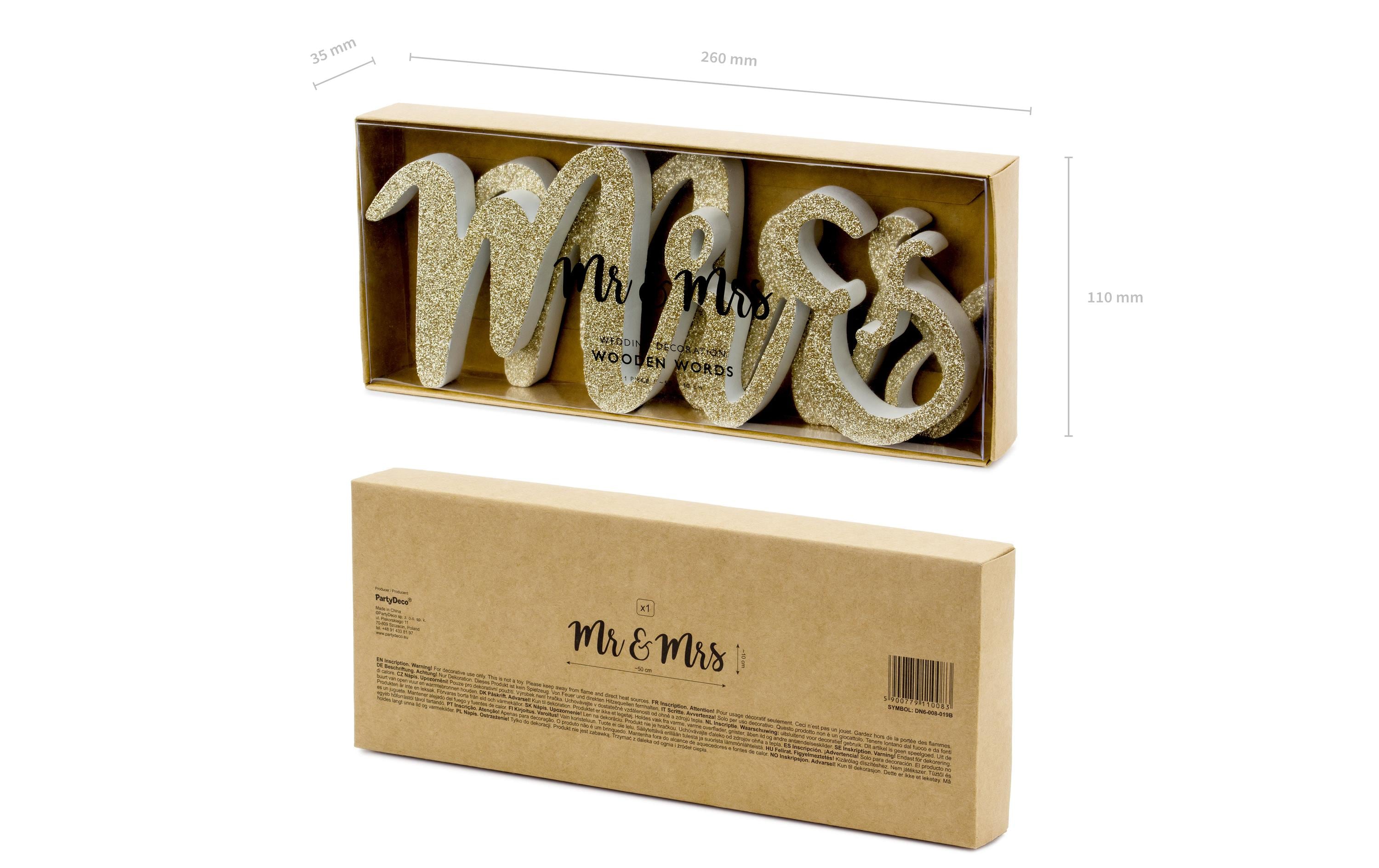 Hochzeitsaccessoire Holzschrift Mr & Mrs 50 x 10 cm, GoldBuchstabendekoration aus Holz für die Hochzeit, oder den Polterabend