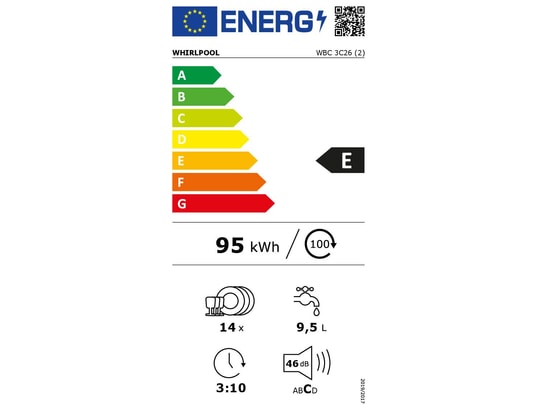 WHIRLPOOL - Lave vaisselle encastrable 60 cm WBC3C26, 8 programmes, bandeau blanc