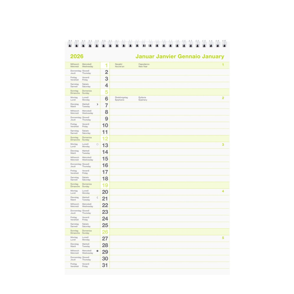 A4 Wandkalender 2026 Monatsplaner mit Wire-O Spiralbindung (889011000026U)