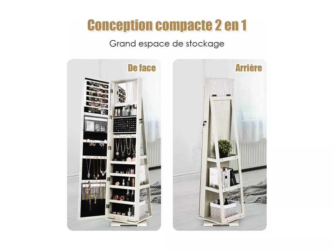 Armoire à Bijoux Pivotante à 360 Degrés, Organisateur de Bijoux sur Pieds, avec Grand Miroir Psyché et Etagère de Rangement à L’Arrière (Blanc)