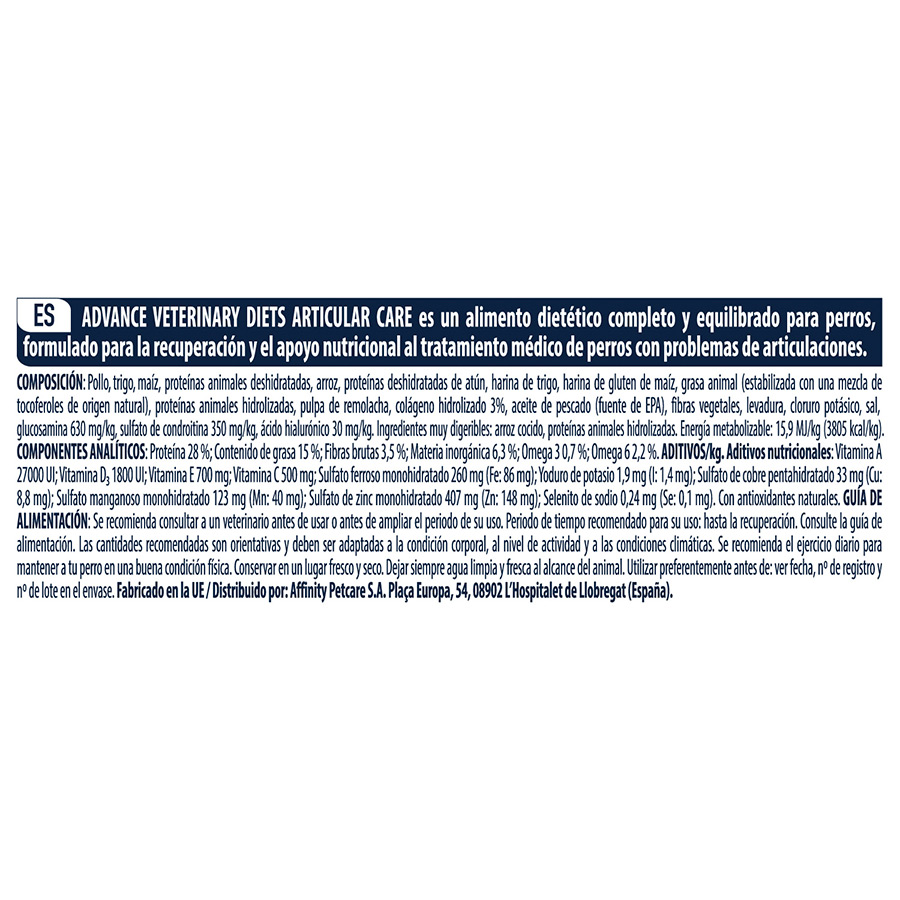 kg de ração Advance Veterinary Diets Articular com calorias reduzidas para cães