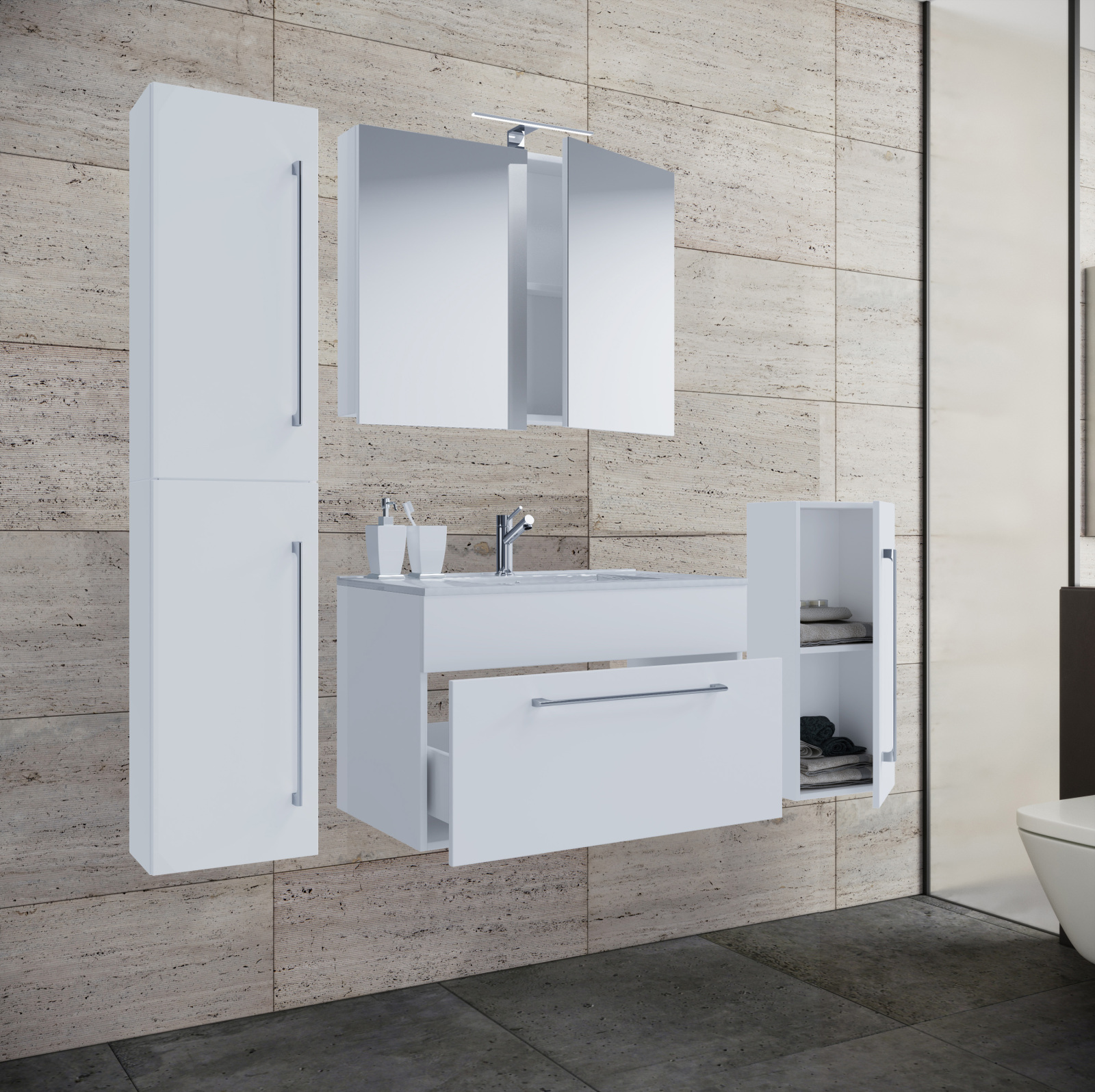 5-tlg. Bademöbel-Set BADINOS - weiß - 80 cm - mit Spiegelschrank