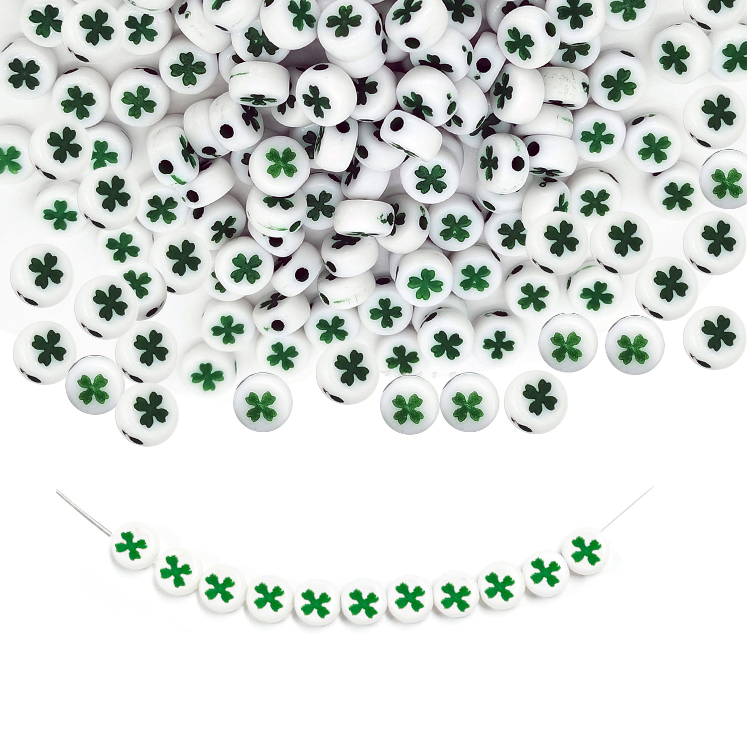 (100er Set) 7mm Kleeblatt Perlen DIY Bastel Schmuck Zwischenperle für Armband / Kette - Weiss / Grün